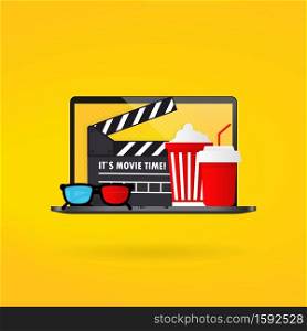 Cinema time banner. Popcorn bowl, film strip and tickets, film glasses. Vector on isolated background. EPS 10.. Cinema time banner. Popcorn bowl, film strip and tickets, film glasses. Vector on isolated background. EPS 10
