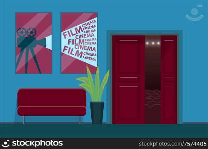 Cinema vector, movie theatre interior with sofa to wait for film. Entertainment of people on weekends, hall with plant in pot, foliage decor, poster with camera. Cinema, Movie Theatre Interior with Sofa to Wait
