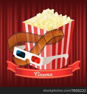 Cinema vector, popcorn snack and 3d glasses to watch films with special effects. Stripe with inscriptions, snack popcorn in package on curtain background. Popcorn Stripe with Film Cinema Watching Vector