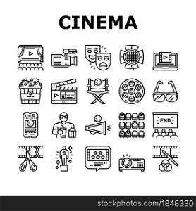 Cinema Watch Movie Entertainment Icons Set Vector. Booking Ticket And Buying Popcorn With Drink For Watching Film In Cinema, Projector And 3d Glasses Tool Black Contour Illustrations. Cinema Watch Movie Entertainment Icons Set Vector
