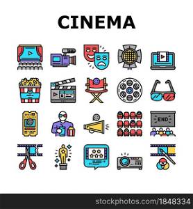 Cinema Watch Movie Entertainment Icons Set Vector. Booking Ticket And Buying Popcorn With Drink For Watching Film In Cinema, Projector And 3d Glasses Tool Line. Color Illustrations. Cinema Watch Movie Entertainment Icons Set Vector