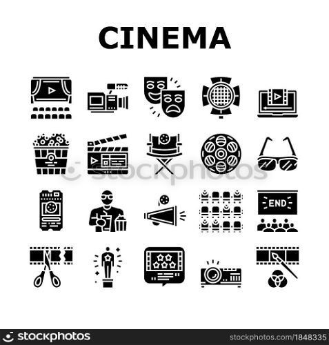Cinema Watch Movie Entertainment Icons Set Vector. Booking Ticket And Buying Popcorn With Drink For Watching Film In Cinema, Projector And 3d Glasses Tool Glyph Pictograms Black Illustrations. Cinema Watch Movie Entertainment Icons Set Vector