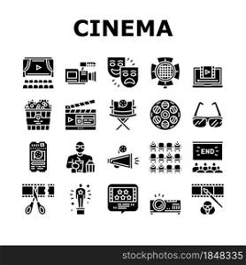 Cinema Watch Movie Entertainment Icons Set Vector. Booking Ticket And Buying Popcorn With Drink For Watching Film In Cinema, Projector And 3d Glasses Tool Glyph Pictograms Black Illustrations. Cinema Watch Movie Entertainment Icons Set Vector