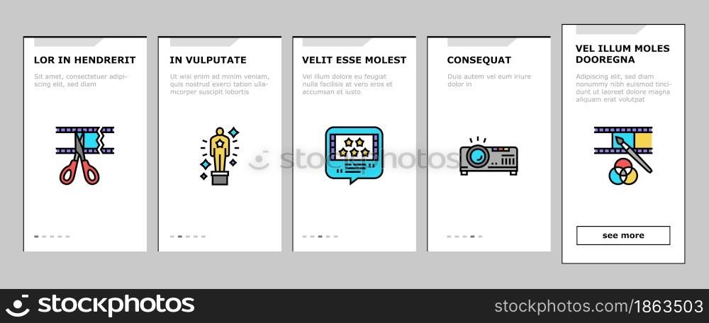 Cinema Watch Movie Entertainment Onboarding Mobile App Page Screen Vector. Booking Ticket And Buying Popcorn With Drink For Watching Film In Cinema, Projector And 3d Glasses Tool Illustrations. Cinema Watch Movie Entertainment Onboarding Icons Set Vector