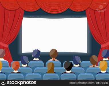 cinema watch movie theater empty screen template mockup concept. Group people sitting before blank. Vector illustration in flat style. cinema watch movie theater empty screen template