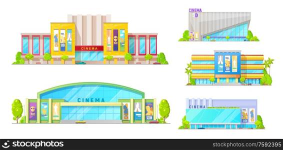 Cinemas and movie theater buildings, modern entertainment and trade mall architecture. Vector isolated 3D cinema hall with movie premiere posters and city infrastructure. Cinema buildings, movie theater architecture