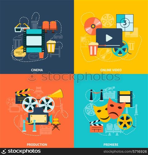 Cinematographic production retro style symbols with movie theater seats tickets four flat icons composition abstract vector illustration