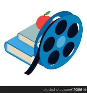 Cinematography concept icon isometric vector. Film spool, two book and red apple. Art of cinema, movie time, hobby and leisure. Cinematography concept icon isometric vector. Film spool two book and red apple