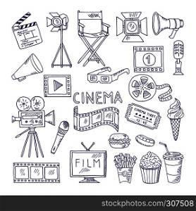 Cinematography doodle set. Video movie entertainment icons. Video cinema multimedia, movie film illustration. Cinematography doodle set. Video movie entertainment icons