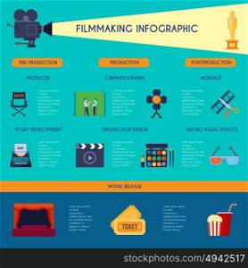 Cinematography Filmmaking Flat Infographic Poster. Filmmaking ibfographic flat retro style poster with movie making and watching classic symbols blue background vector illustration