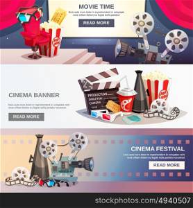 Cinematography Flat Horizontal Banners. Cinematography flat horizontal banners with movie time and cinema festival design compositions in retro style vector illustration