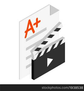 Cinematography icon isometric vector. Open movie clapper board and paper sheet. Filmmaking, cinema concept. Cinematography icon isometric vector. Open movie clapper board and paper sheet