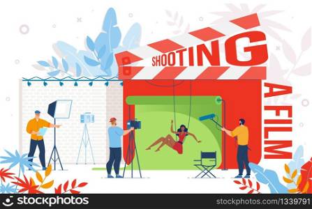 Cinematography Industry, Video Content Production Company, Movie Making Team Work Trendy Flat Vector Concept. Movie Director, Screenwriter Managing Actress Action Scene Filming Process Illustration