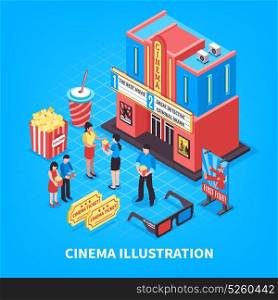 Cinematography Isometric Design Concept . Cinematography isometric design concept with cinema building tickets 3d glasses and people near theatre vector illustration