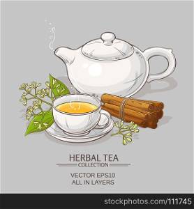 cinnamon tea illustration. cup of cinnamon tea and teapot on color background