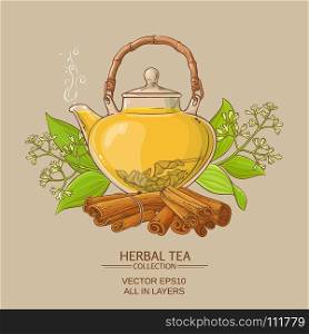cinnamon tea in teapot on color background. cinnamon tea illustration