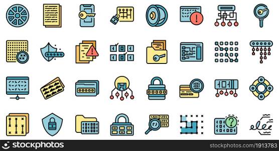 Cipher icons set. Outline set of cipher vector icons thin line color flat isolated on white. Cipher icons set line color vector