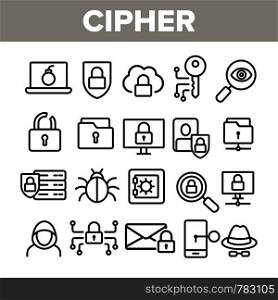 Cipher Linear Vector Icons Set. Information Encryption Thin Line Contour Symbols Pack. Digital Security Pictograms Collection. Privacy, Anonymity, Confidentiality. Cybersecurity Outline Illustrations. Cipher, Data Protection Linear Vector Icons Set