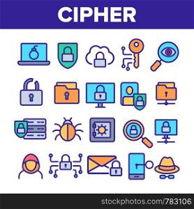 Cipher Linear Vector Icons Set. Information Encryption Thin Line Contour Symbols Pack. Digital Security Pictograms Collection. Privacy, Anonymity, Confidentiality. Cybersecurity Outline Illustrations. Cipher, Data Protection Linear Vector Icons Set