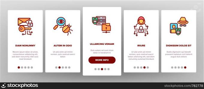 Cipher Onboarding Mobile App Page Screen Vector Icons Set. Information Encryption Thin Digital Security Pictograms Collection. Privacy, Anonymity, Confidentiality. Cybersecurity Outline Illustrations. Cipher, Data Protection Vector Onboarding Mobile App Page Screen