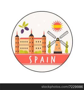 Circle abstract design with Alcazar, windmill. Explore Spain concept image. Vector illustration. Circle abstract design with Alcazar, windmill. Explore Spain concept image.