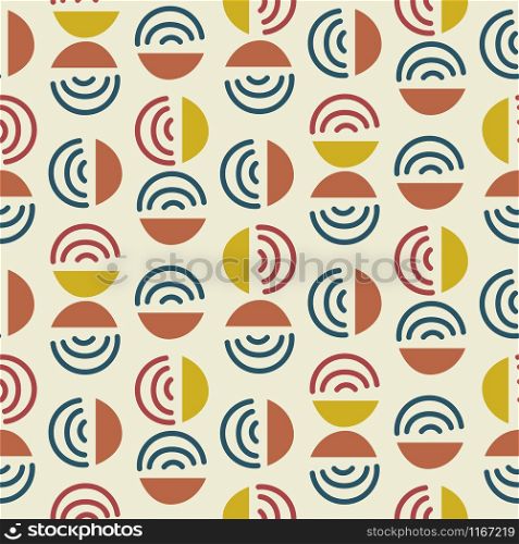 Circle and line shapes abstract modern seamless pattern. Blue yellow repeat background for wrap, textile and print vector geometric design.. Circle and line shapes abstract modern seamless pattern. Blue yellow repeat background for wrap, textile and print design.