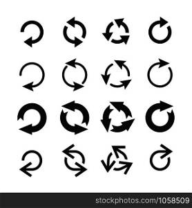 Circle arrow icon. Round arrows, circular pointing sign and circles button or internet restart reload rotate arrow. Circled cursor web recycling progress buttons vector isolated icons set. Circle arrow icon. Round arrows, circular pointing sign and circles button vector icons set