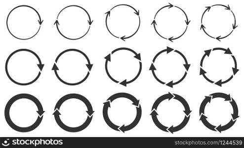 Circle arrows. Round reload or repeat icon, rotate arrow and spinning loading symbol. Circle pointer vector set. Circular rotation loading elements, redo process isolated black pictograms. Circle arrows. Round reload or repeat icon, rotate arrow and spinning loading symbol. Circle pointer vector set