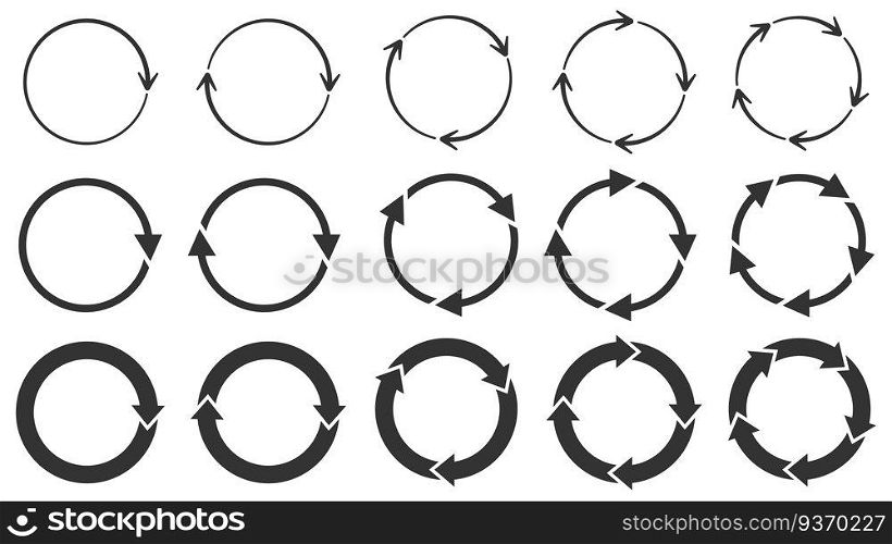 Circle arrows. Round reload or repeat icon, rotate arrow and spinning loading symbol. Circle pointer vector set. Circular rotation loading elements, redo process isolated black pictograms. Circle arrows. Round reload or repeat icon, rotate arrow and spinning loading symbol. Circle pointer vector set