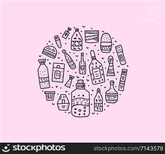 Circle badge of beauty supplies. Hygiene vials, tubes and packages in flat style. Vector illustration.