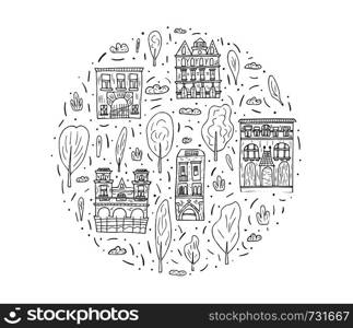 Circle badge of vector houses, trees and clouds. Circle composition in doodle style.