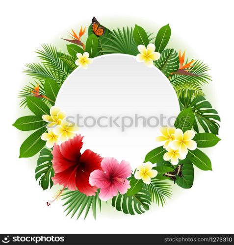 Circle blank sign with flowers and leaves background