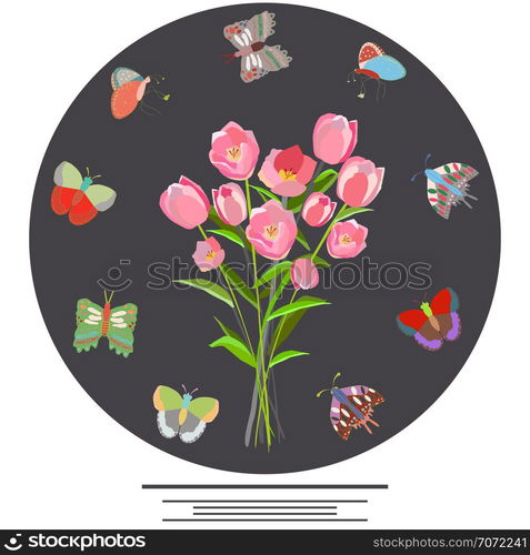 Circle border with butterflies and pink tullips in centre. Space for text. White background. Flat style clip with copyspace. Greeting card, poster design element. Vector Illustration.. Floral tulip frame with butterflies.