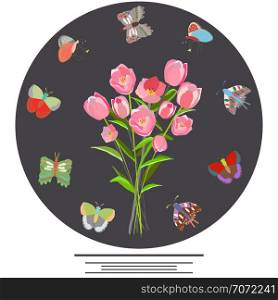 Circle border with butterflies and pink tullips in centre. Space for text. White background. Flat style clip with copyspace. Greeting card, poster design element. Vector Illustration.. Floral tulip frame with butterflies.