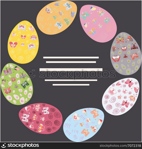 Circle border with decorated easter eggs for text. Flat style clip art with copyspace. Greeting card, poster design element. Vector illustration.. Easter eggs round flat hand drawn frame.