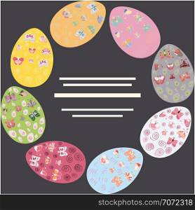 Circle border with decorated easter eggs for text. Flat style clip art with copyspace. Greeting card, poster design element. Vector illustration.. Easter eggs round flat hand drawn frame.