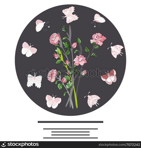 Circle border with roses and butterflies for text. Flat style clip with copyspace. Greeting card, poster design element. Vector Illustration.. Round shape with butterflies, roses and text.