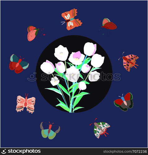 Circle border with tulips and butterflies on blue background. Greeting card, poster design element. Vector Illustration.. Round frame with tulips and border of butterflies.