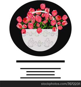 Circle border with white basket and pink tulips for text. Space for text. White background. Isolated poster design element. Vector illustration.. Tulips in basket flat hand drawn.