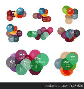 Circle business option diagrams. Select your product with sample options. A4 size geometric template. Brochure - flyer, presentation or web design background