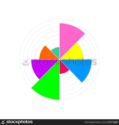 Circle chart ex&le. Wheel diagram with 8 colorful segments of different volumes. Financial data visualization template. Statistical infographic design layout. Vector illustration.. Circle chart ex&le. Wheel diagram with 8 colorful segments of different volumes. Financial data visualization template. Statistical infographic design layout. Vector illustration