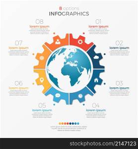 Circle chart infographic template with globe 8 options for presentations, advertising, layouts, annual reports. Circle chart infographic template with globe 8 options