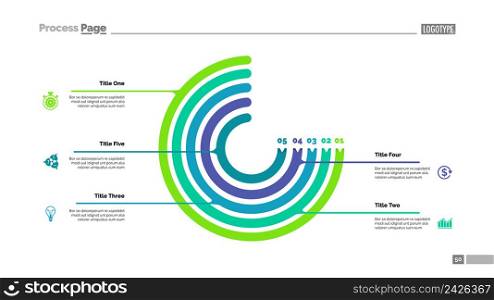 Circle chart with five elements. Process chart, option graph, diagram. Creative concept for infographics, presentation, project, report. Can be used for topics like management, workflow, marketing.
