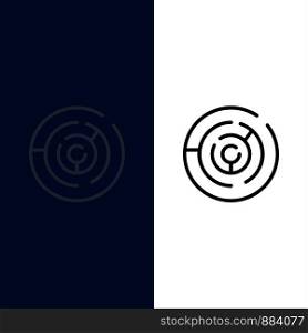 Circle, Circle Maze, Labyrinth, Maze Icons. Flat and Line Filled Icon Set Vector Blue Background