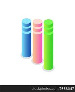 Circle colorful columns on white, chart element of researching, round sing for report, 3d symbol of growing graph, presentation and creative vector. Growing Round Columns, 3D Colorful Chart Vector