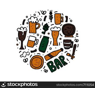 Circle composition woth craft beer elements set in doodle style. Round badge with symbols and lettering. Vector conceptual illustration.