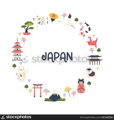 Circle decoration, poster with famous symbols and landmarks of Japan. Vector illustration, colorful design.. Circle decoration, poster with famous symbols and landmarks of Japan.