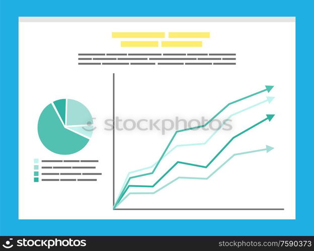 Circle diagram and growth arrows on board. Slide with template presentation of chart and rising pointers. Business analytics and statistics vector. Circle Diagram and Growth Arrows on Board Vector