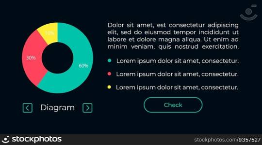 Circle diagram UI element template. Editable isolated vector dashboard component. Flat user interface. Visual data presentation. Web design widget for mobile application with dark theme. Circle diagram UI element template
