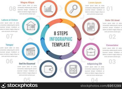 Circle Diagram with Eight Steps. Circle diagram infographic template with arrows with eight steps, workflow, process, vector eps10 illustration
